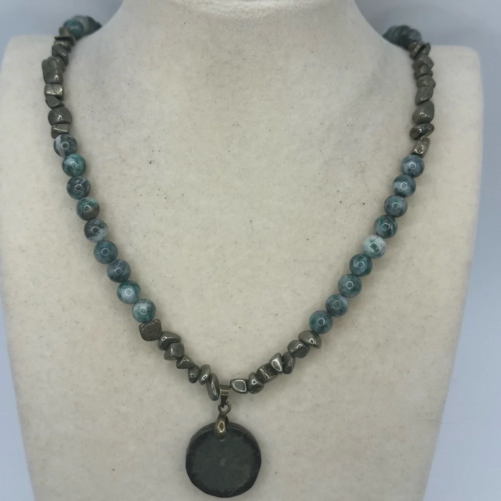 Pyrite and Jade Beaded Necklace with Pyrite Sun Pendant